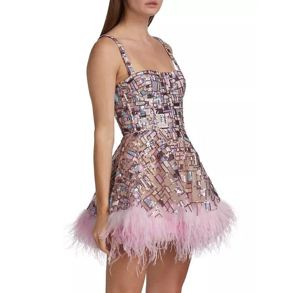 BRONX AND BANCO mademoielle feather mini dress in blush/multi Large (US8) - Picture 7 of 13